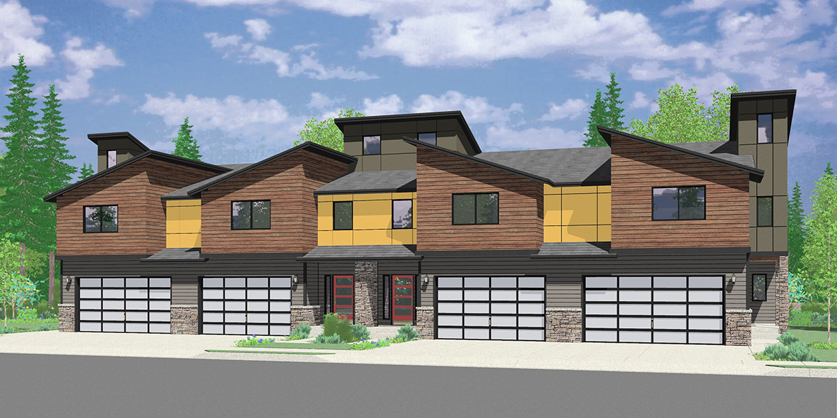 House front color elevation view for F-610 Luxury townhouse plan with 2 car garage F-610