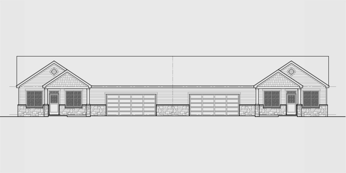 House front drawing elevation view for D-649 One level ranch duplex design 3 car garage D-649