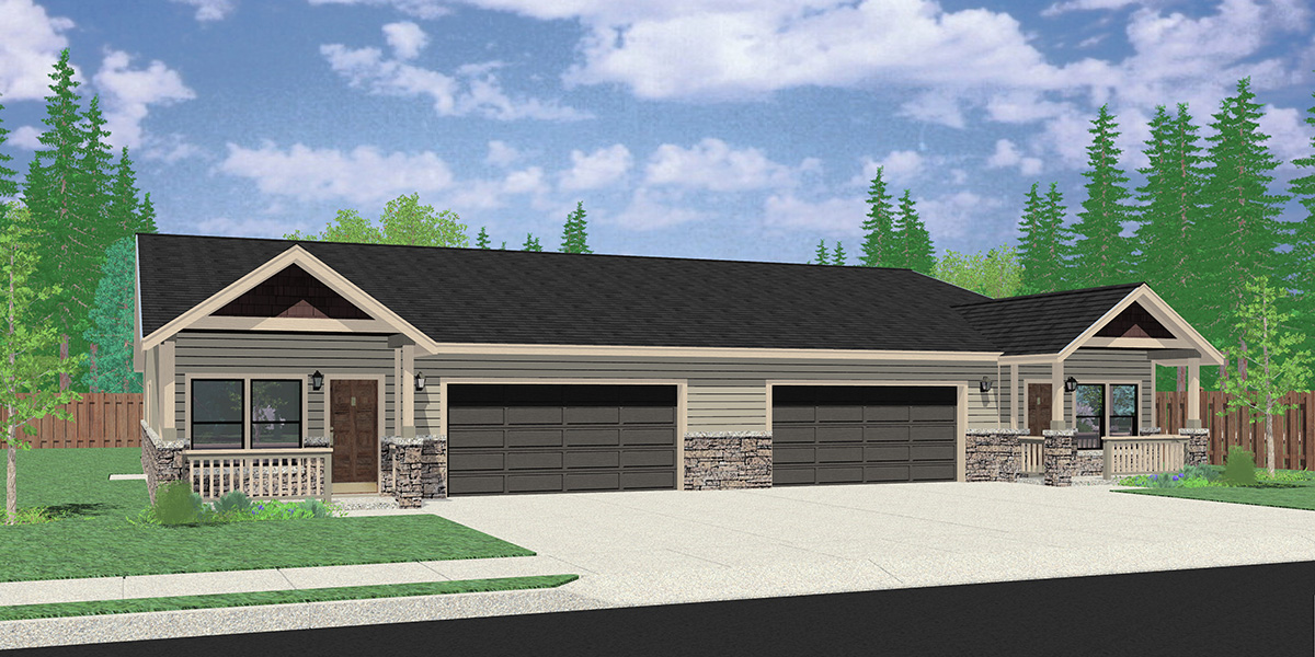 House front color elevation view for D-650 Ranch Duplex Home Design with 3 Car Garage 
