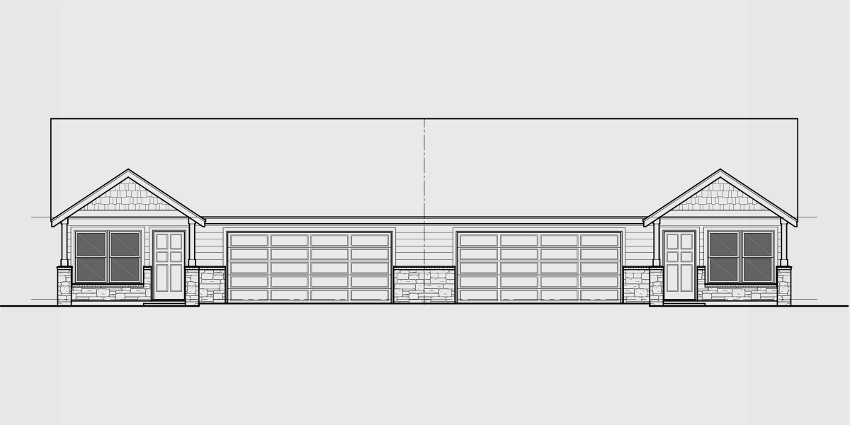 House front drawing elevation view for D-650 Ranch Duplex Home Design with 3 Car Garage 