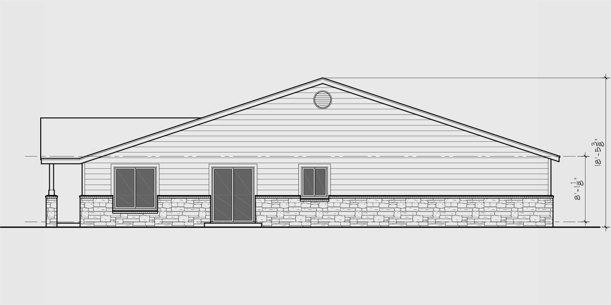 House rear elevation view for D-650 Ranch Duplex Home Design with 3 Car Garage 