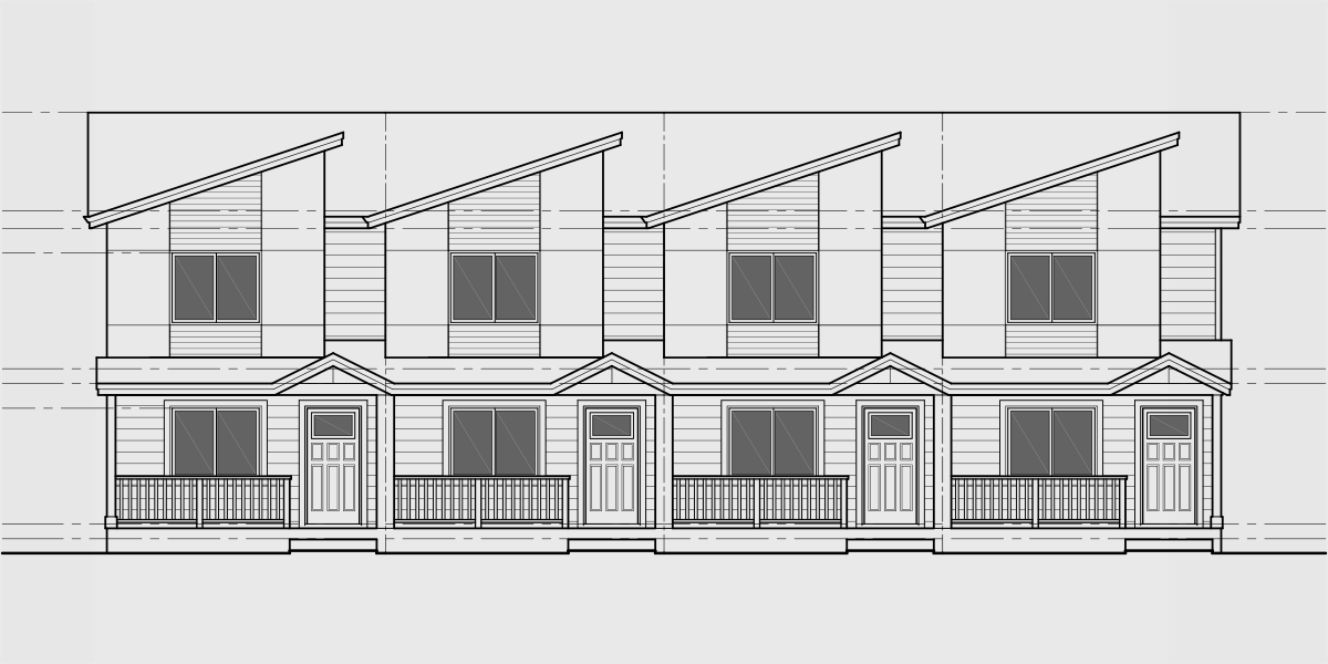 House front drawing elevation view for F-616 Modern town house plan w/ double master F-616