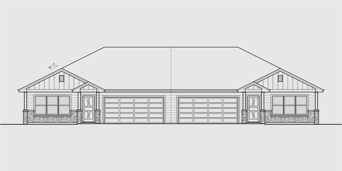 House front drawing elevation view for D-666 Single level duplex 2 car garage 3 bedroom D-666