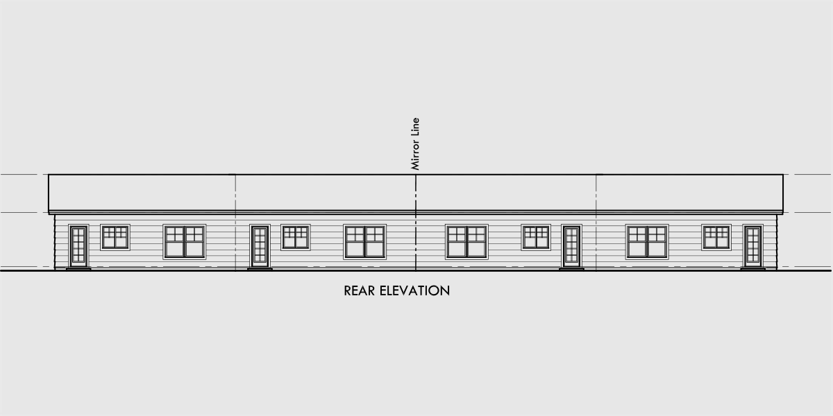 House rear elevation view for F-618 One level single story 2 bed 2 bath 4 plex town house F-618