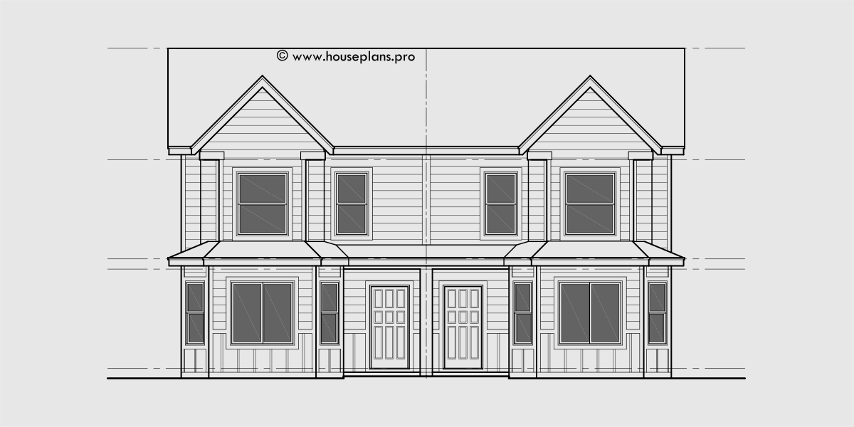 House front drawing elevation view for D-665 Main floor bedroom, wheelchair accessible, duplex house plan, D-665