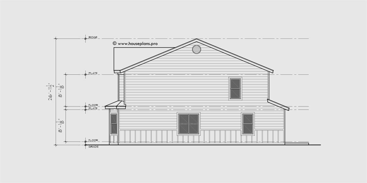 House rear elevation view for D-665 Main floor bedroom, wheelchair accessible, duplex house plan, D-665