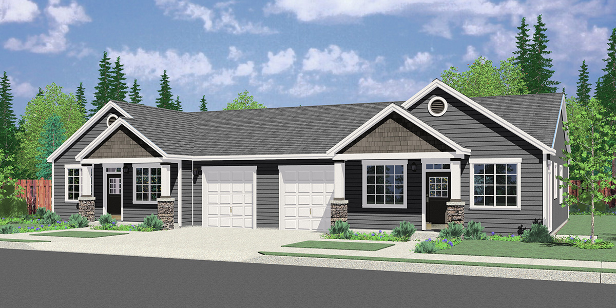 House front color elevation view for D-663 3 bedroom 2 bath ranch duplex house plan, with garage, D-663