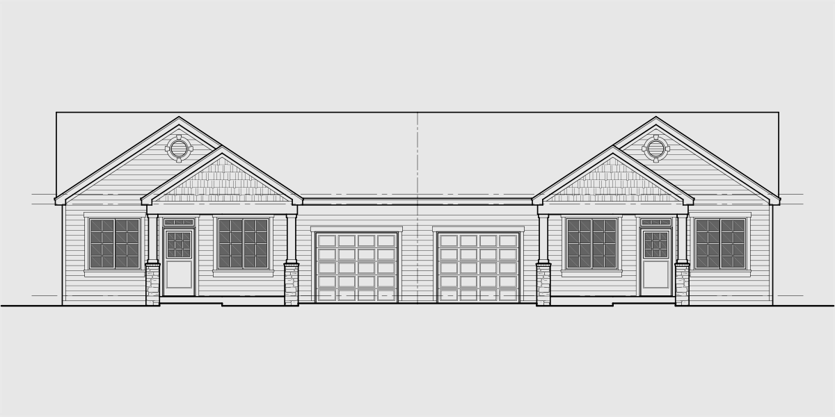 House front drawing elevation view for D-663 3 bedroom 2 bath ranch duplex house plan, with garage, D-663