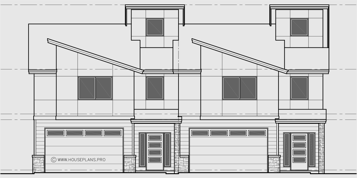 House rear elevation view for D-668 Two unit Modern town house plan D-668