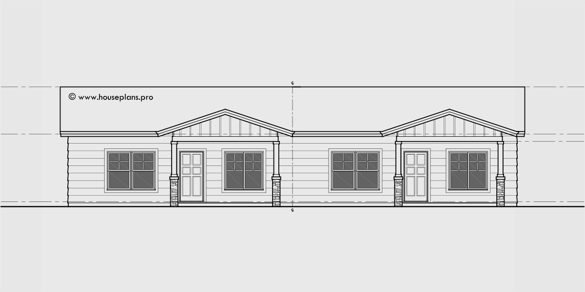 House front drawing elevation view for D-672 One level single story 2 bedroom 2 bathroom duplex house plan D-672