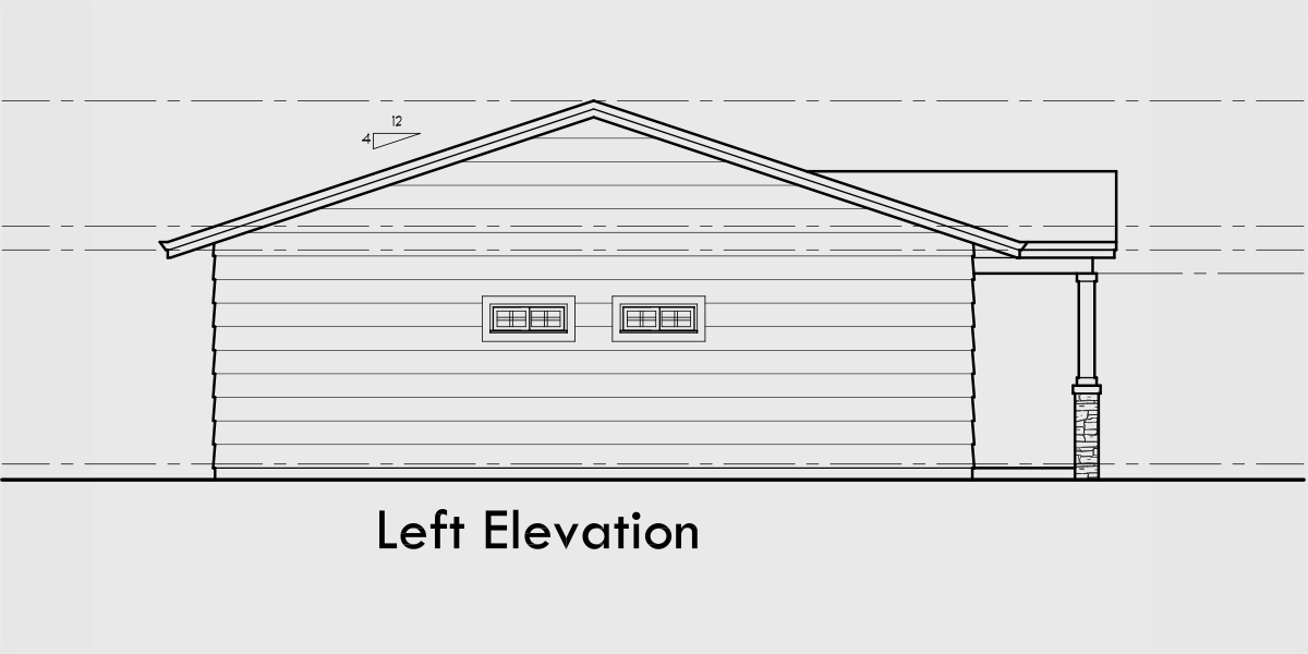 House rear elevation view for D-672 One level single story 2 bedroom 2 bathroom duplex house plan D-672