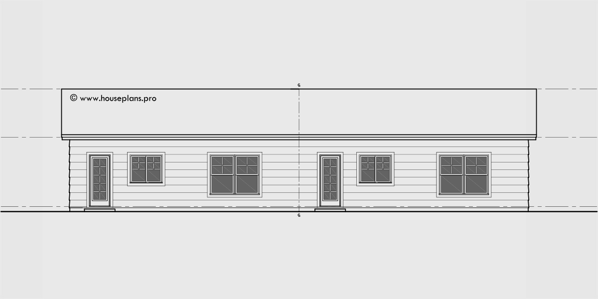 House side elevation view for D-672 One level single story 2 bedroom 2 bathroom duplex house plan D-672