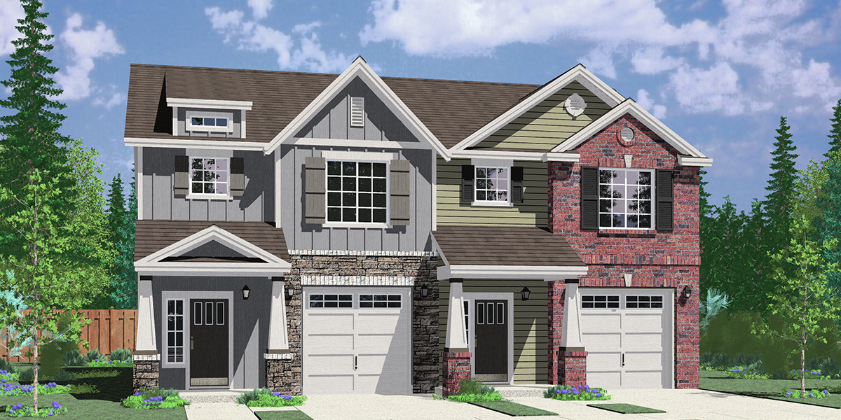 House front color elevation view for D-680 Designer materials on exterior custom duplex D-680