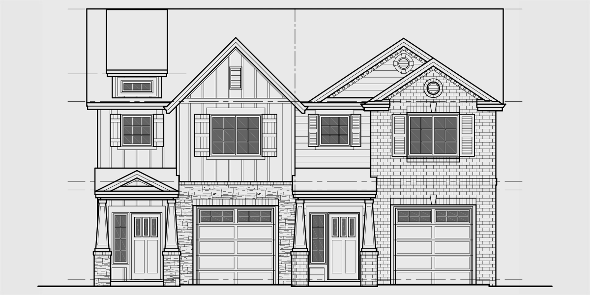 House front drawing elevation view for D-680 Designer materials on exterior custom duplex D-680