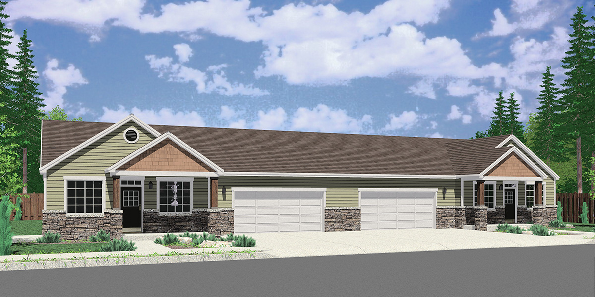 House front color elevation view for D-682 Ranch duplex house plan with 2 car garage 3 bedroom 2 bath D-682