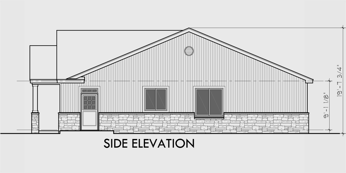House rear elevation view for D-682 Ranch duplex house plan with 2 car garage 3 bedroom 2 bath D-682