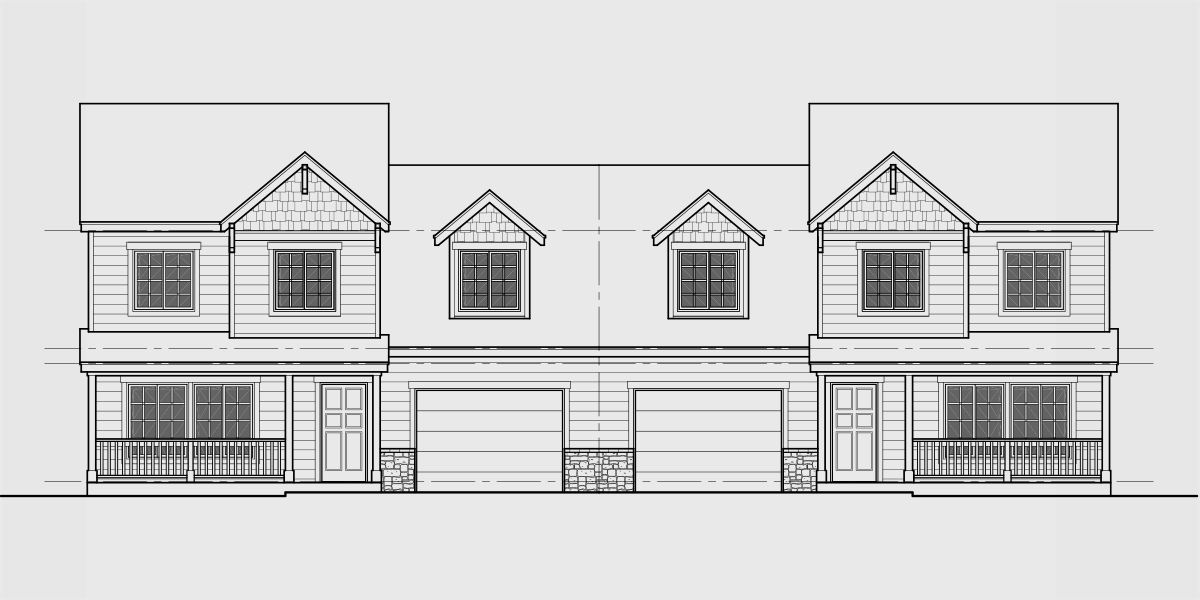 House front drawing elevation view for D-671 Craftsman duplex house plan 3 bedroom 2 1/2 bath and garage D-671