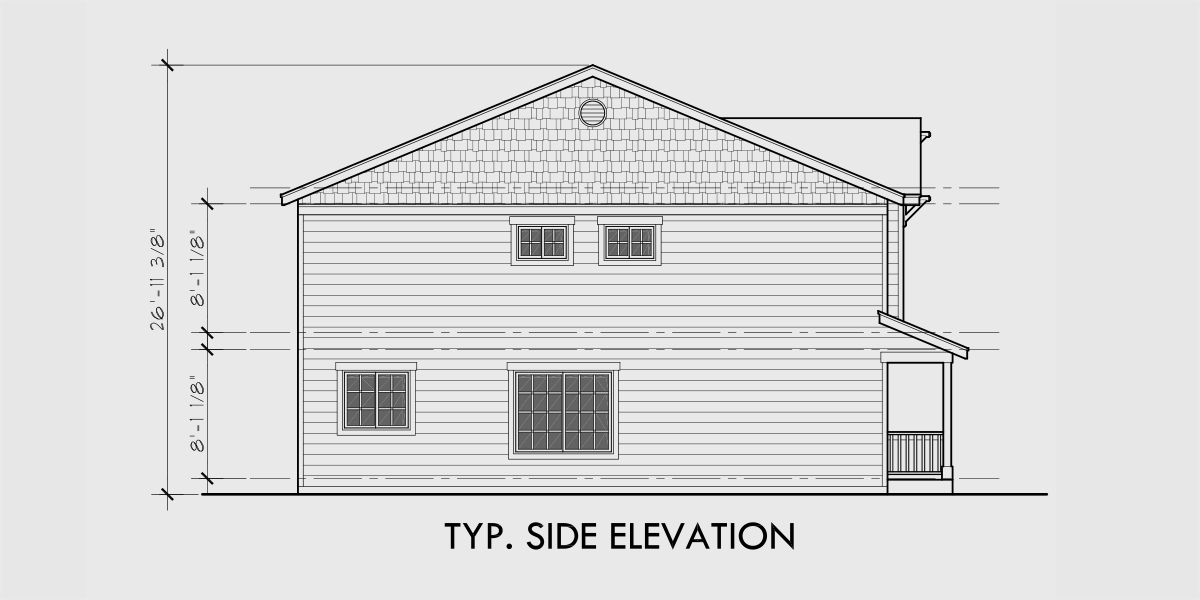 House rear elevation view for D-671 Craftsman duplex house plan 3 bedroom 2 1/2 bath and garage D-671