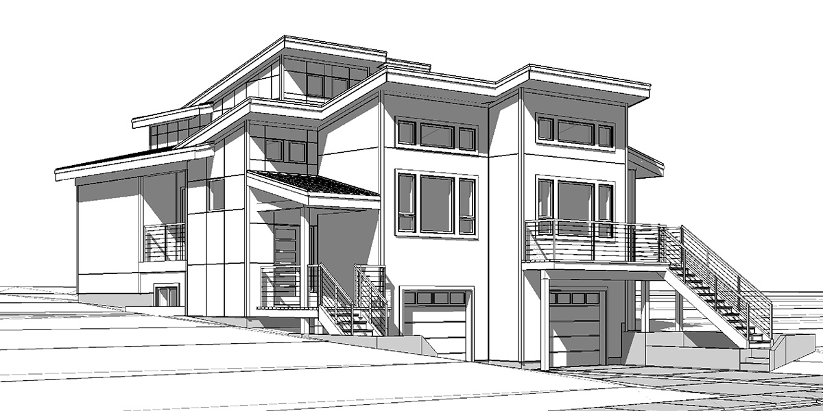 House front drawing elevation view for D-676 Modern Duplex house plan for great view lots