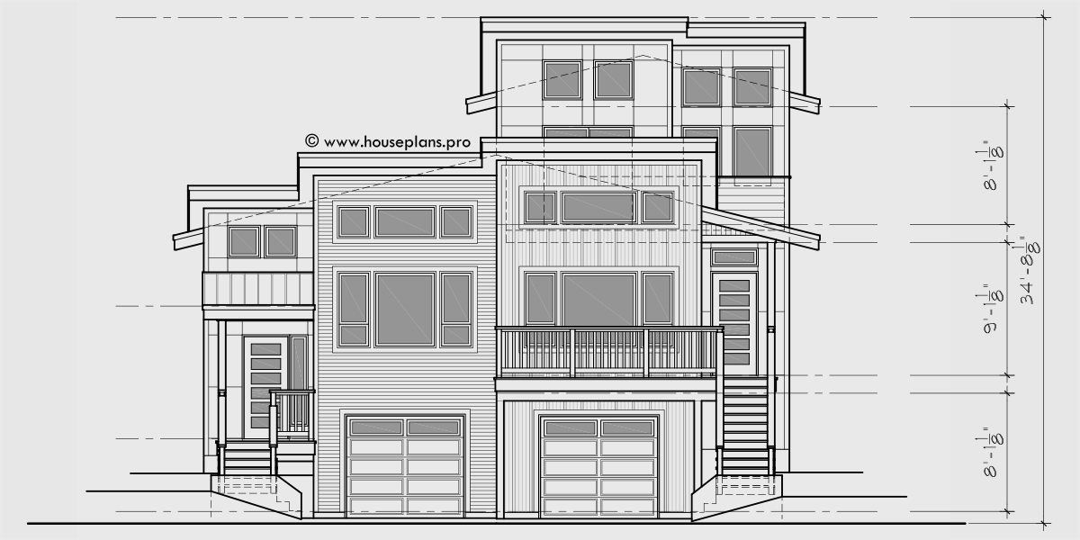 House side elevation view for D-676 Modern Duplex house plan for great view lots