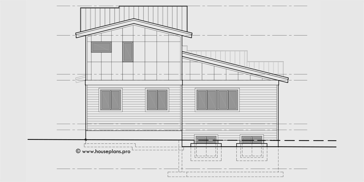 House rear elevation view for D-676 Modern Duplex house plan for great view lots