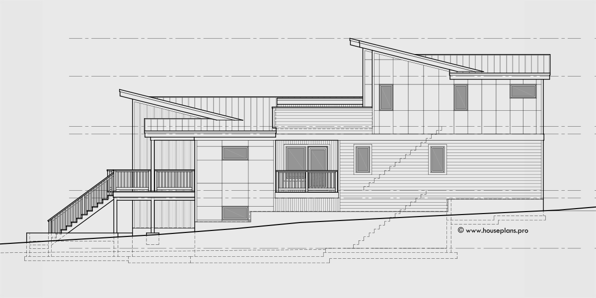 House rear elevation view for D-676 Modern Duplex house plan for great view lots