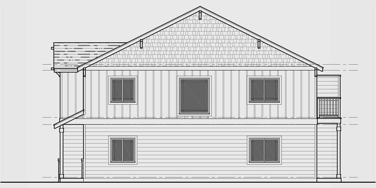 House side elevation view for F-626 4 unit town house plan with rear garage and main floor bedroom F-626