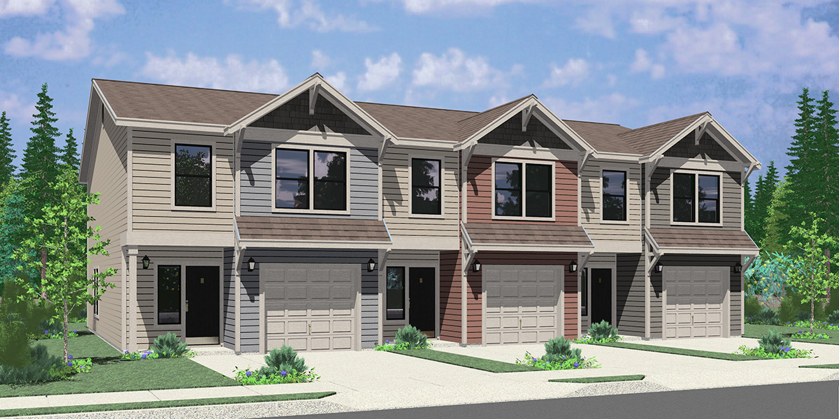 House front color elevation view for T-433 Triplex town house plan w/ 2 hour party wall
