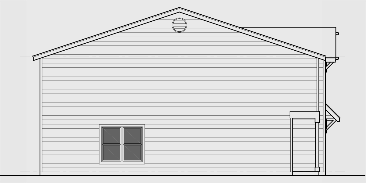 House side elevation view for T-433 Triplex town house plan w/ 2 hour party wall