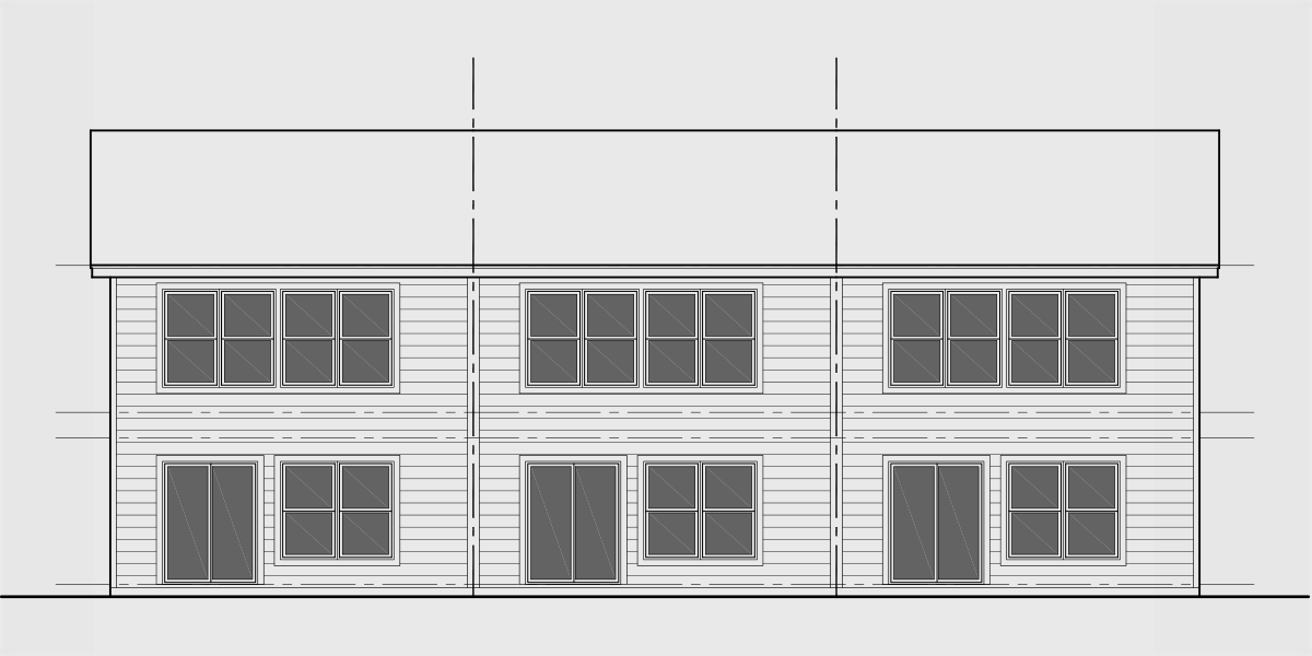 House front drawing elevation view for T-433 Triplex town house plan w/ 2 hour party wall