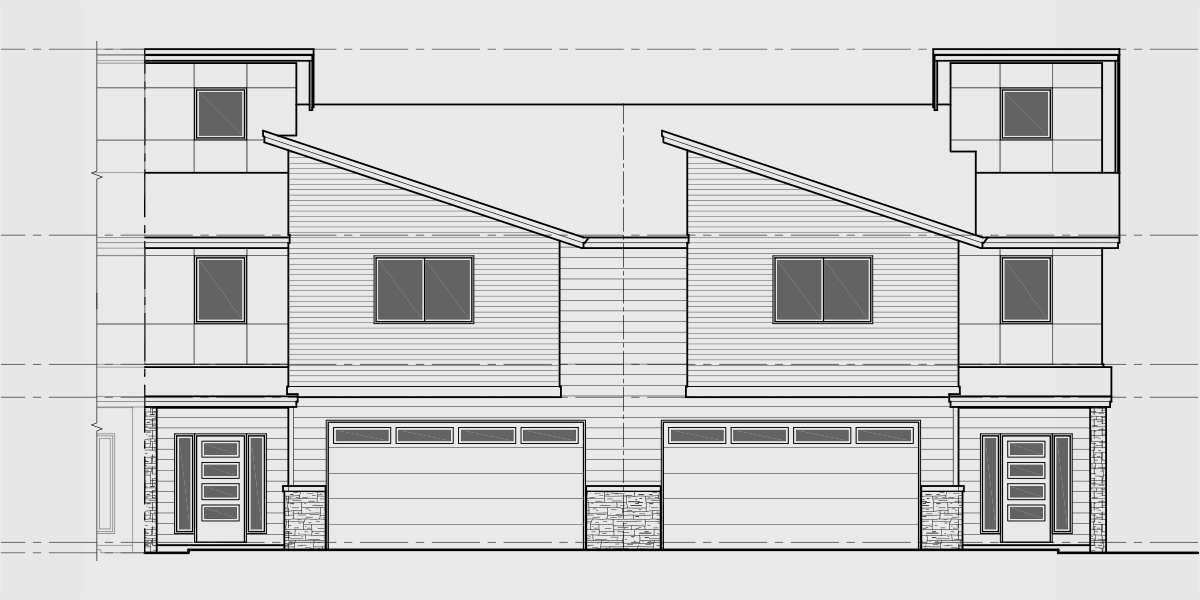 House front drawing elevation view for F-625 Modern four plex house with 2 car garage F-625