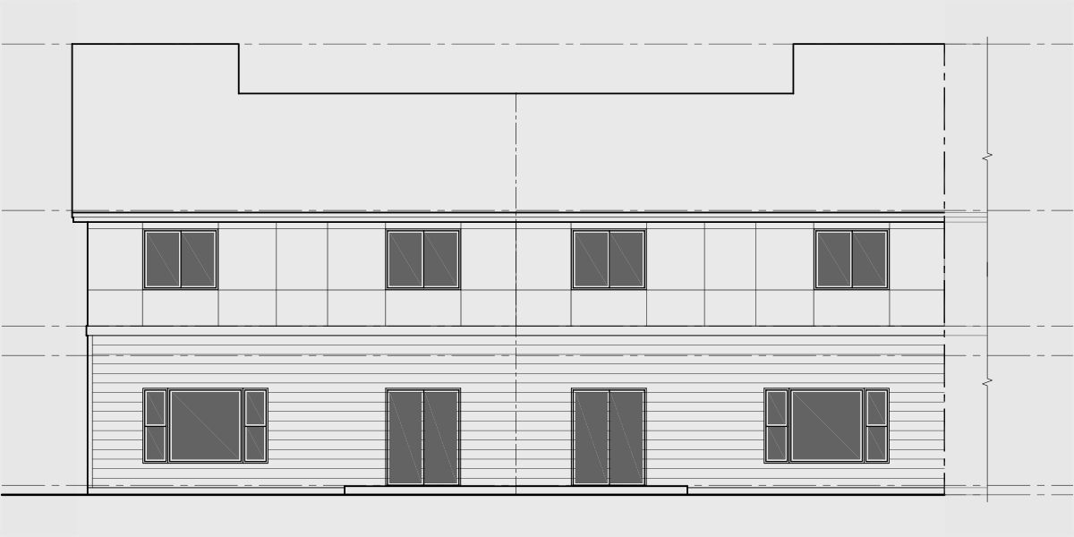 House rear elevation view for F-625 Modern four plex house with 2 car garage F-625