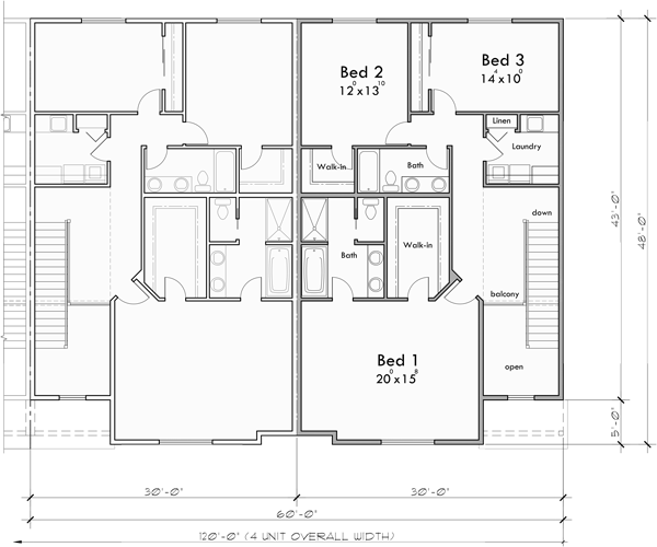 Upper Floor Plan for F-625 Modern four plex house with 2 car garage F-625