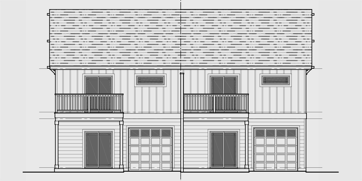 House rear elevation view for D-694 Duplex town house plan w/ rear garage & main floor bedroom D-694