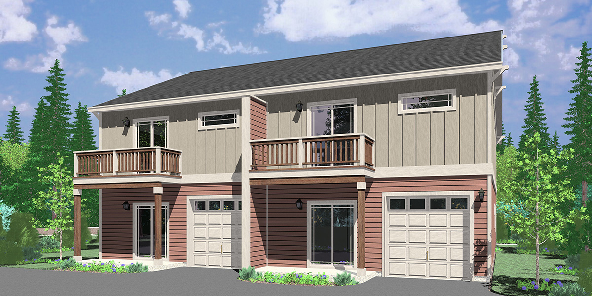 House front drawing elevation view for D-694 Duplex town house plan w/ rear garage & main floor bedroom D-694