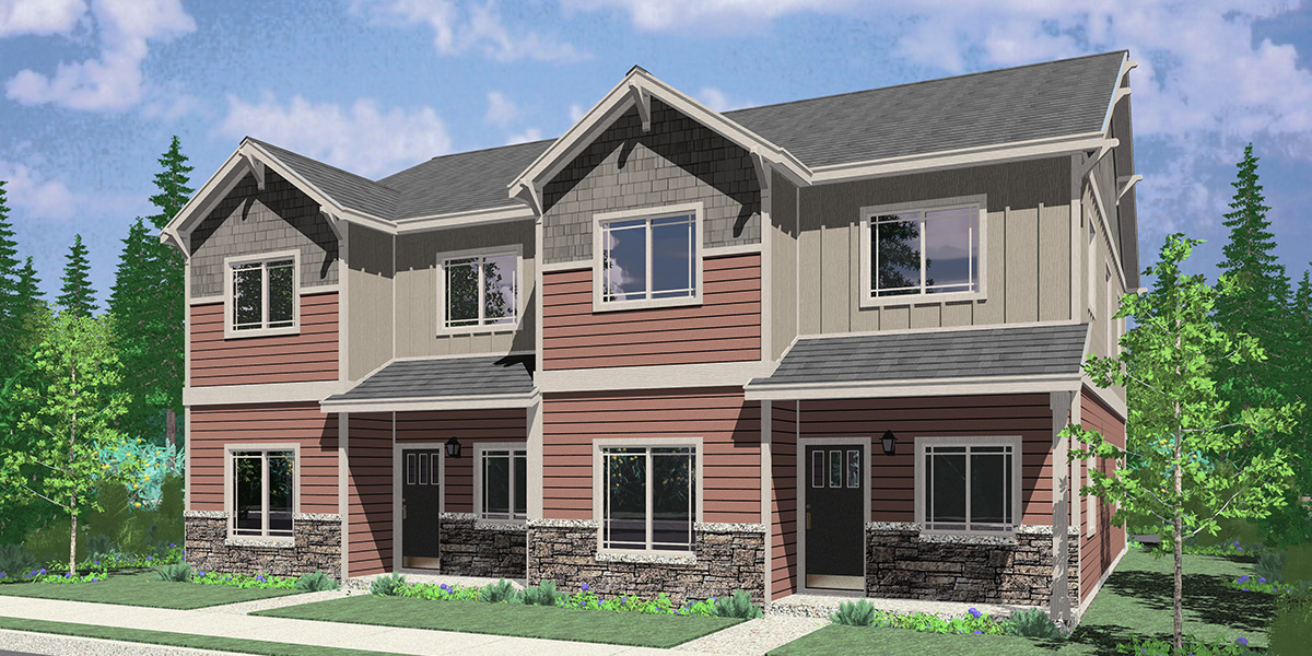 House front color elevation view for D-694 Duplex town house plan w/ rear garage & main floor bedroom D-694