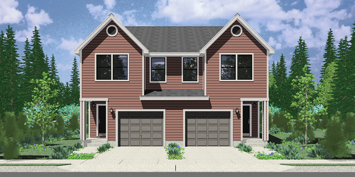 House front color elevation view for D-705 Narrow 36 ft wide duplex plan front elevation D-705