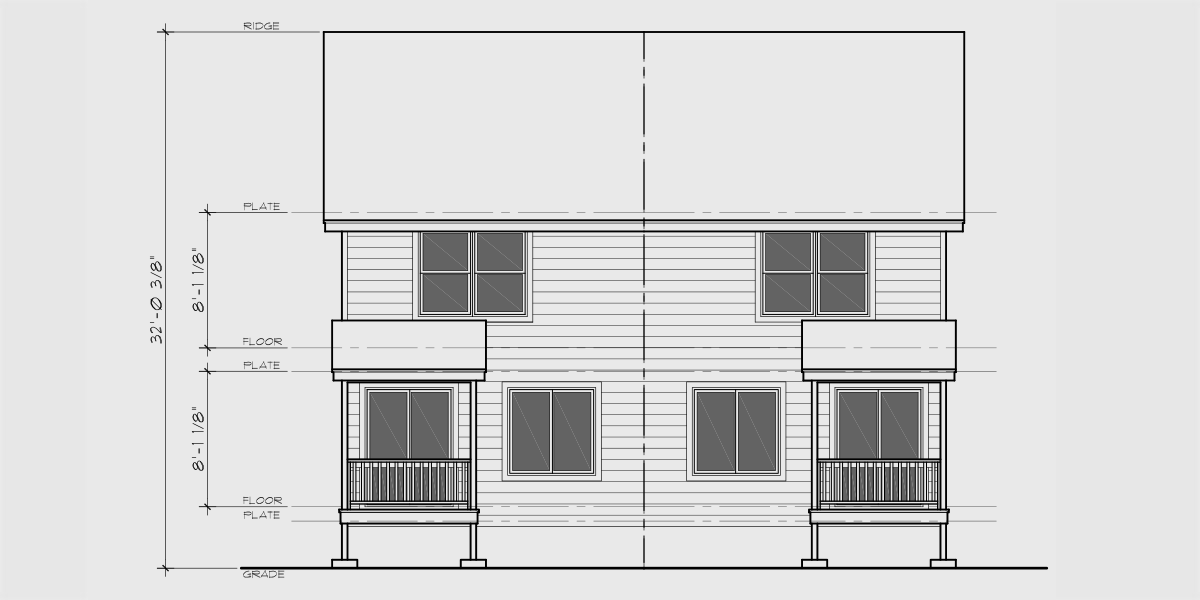 House side elevation view for D-705 Narrow 36 ft wide duplex plan front elevation D-705