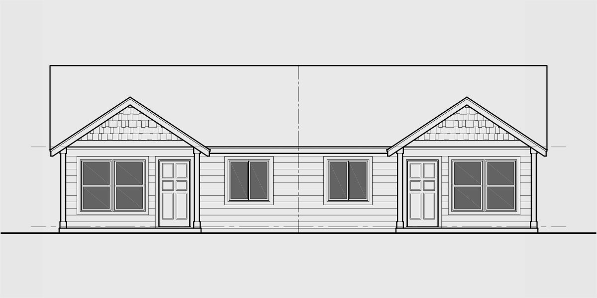 House front drawing elevation view for D-700 Narrow Ranch Duplex House Plan, 3bd 2 bath, D-700