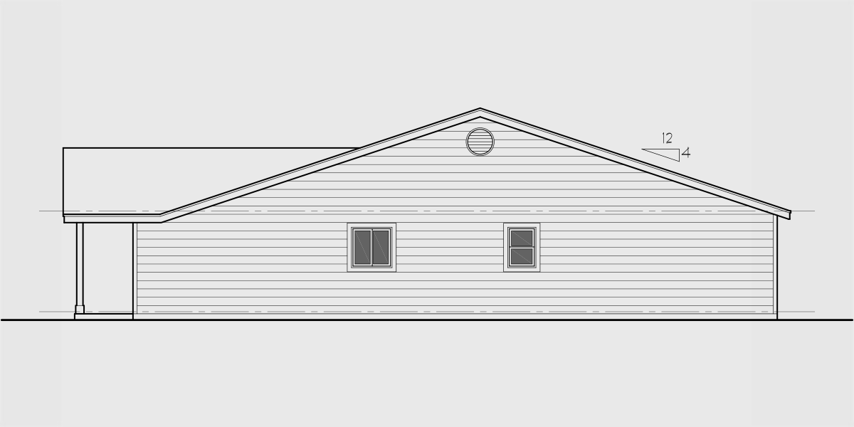 House rear elevation view for D-700 Narrow Ranch Duplex House Plan, 3bd 2 bath, D-700