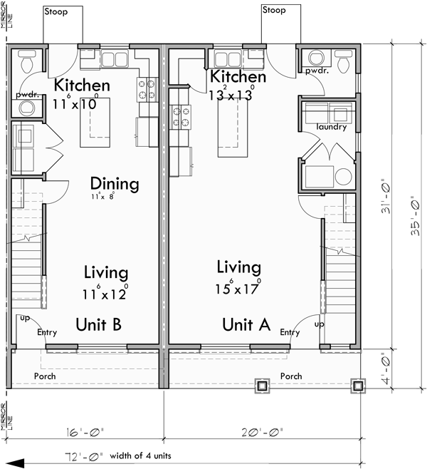 Main Floor Plan for F-654 Uncover the architectural beauty of our 4-unit townhouses, complete with 2 & 3 bedroom units and a front elevation that makes a statement. Envision your dream home now!