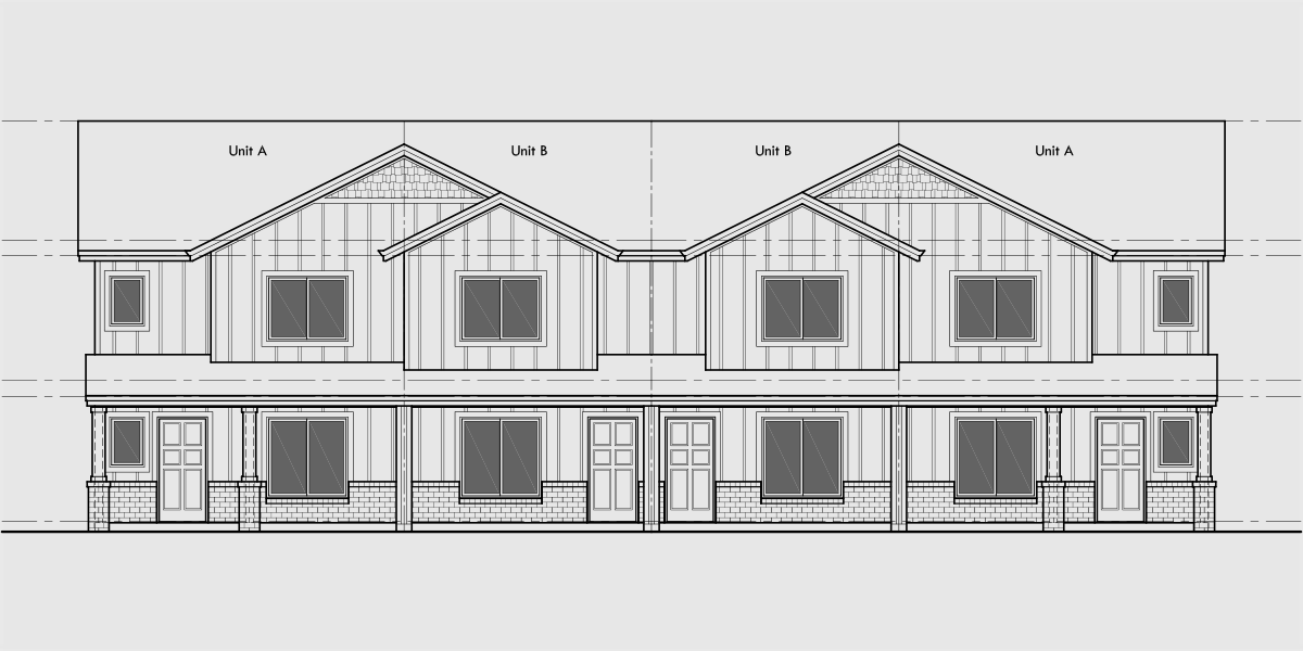 House front drawing elevation view for F-654 4 unit town houses, 2 and 3 bedroom units, front elevation, F-654