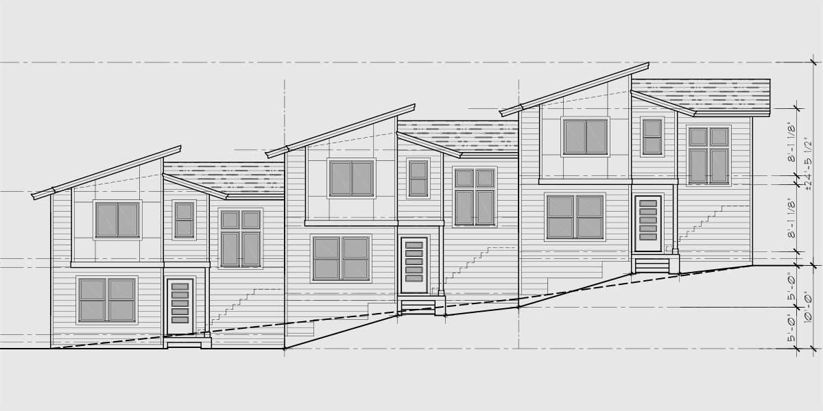 House front drawing elevation view for T-437 Modern 2 bedroom triplex town house plan for sloped lots T-437