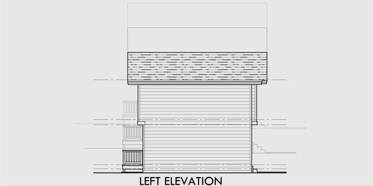 House rear elevation view for T-437 Modern 2 bedroom triplex town house plan for sloped lots T-437