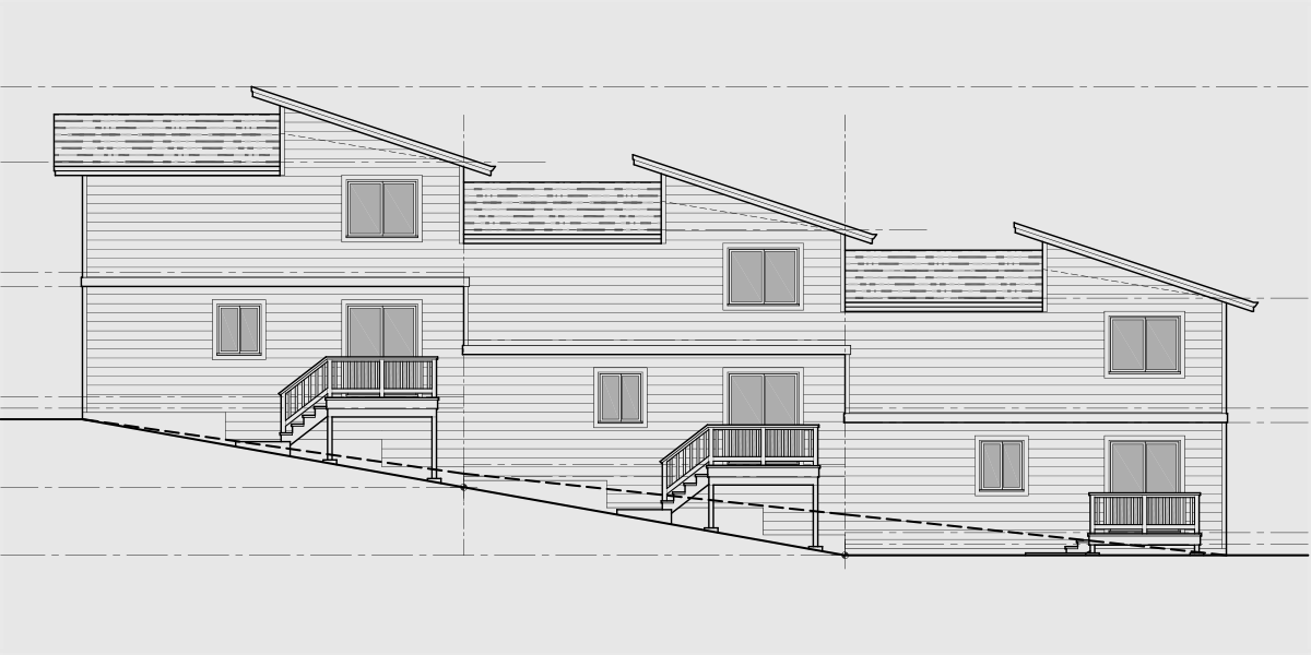 House side elevation view for T-437 Modern 2 bedroom triplex town house plan for sloped lots T-437
