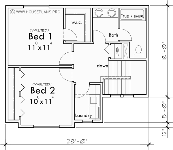 Upper Floor Plan for T-437 Invest in modern living with our 2 bedroom triplex townhouse plan, ideal for sloped lots. Join us in building the future of housing!