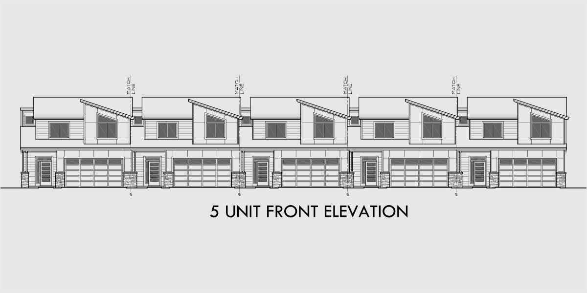 House side elevation view for FV-658 Luxury town house plan, main floor master bedroom, two car garage, FV-658
