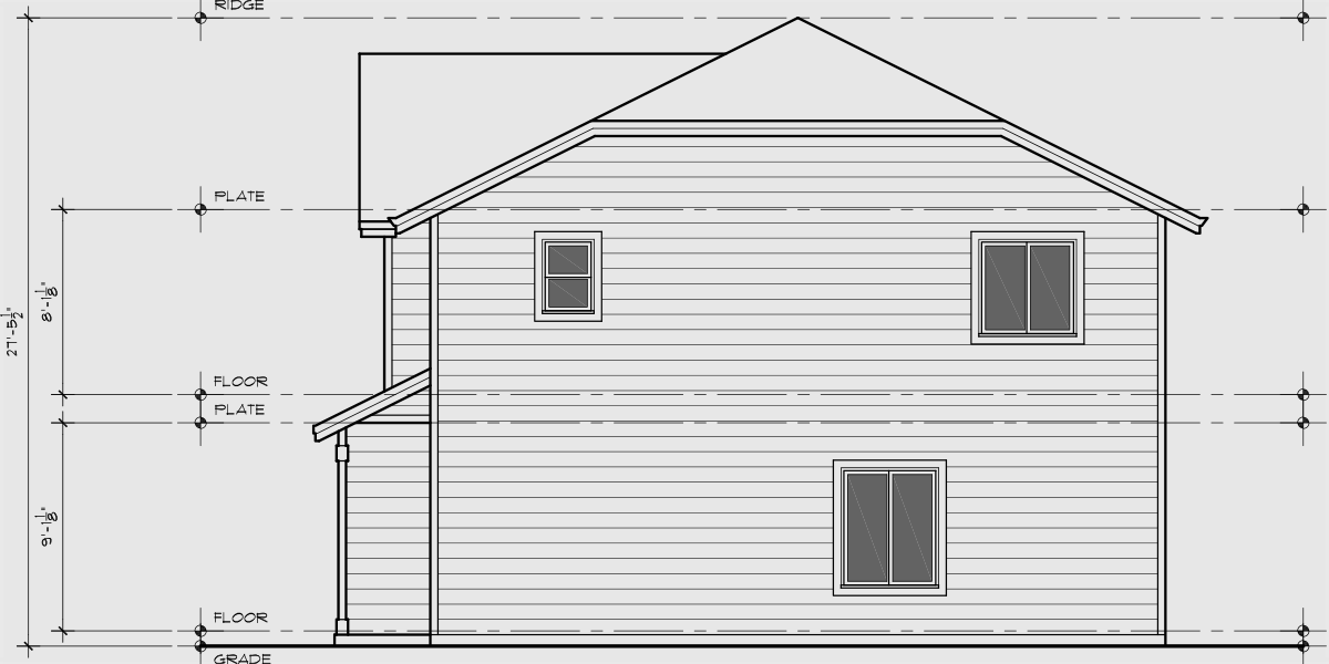 House rear elevation view for D-712 Two story, 3 bedroom, duplex house plan D-712