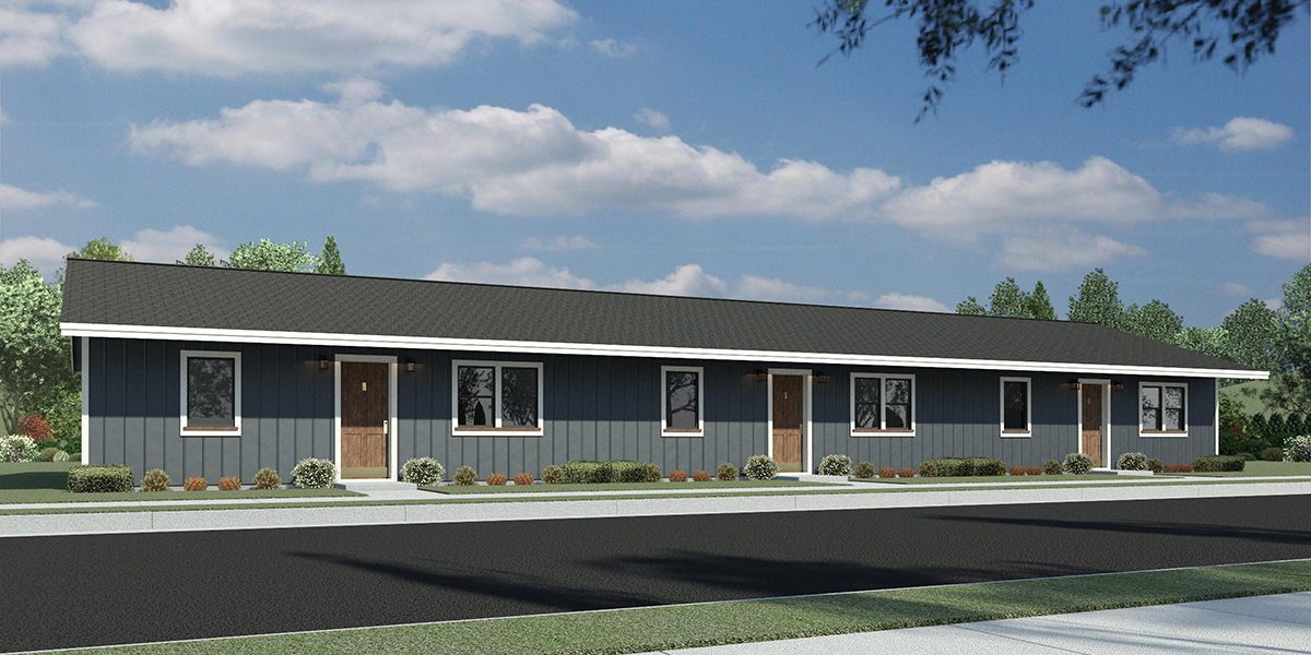 House front color elevation view for T-450 2 Bedroom, 1.5 bath, ranch, triplex 