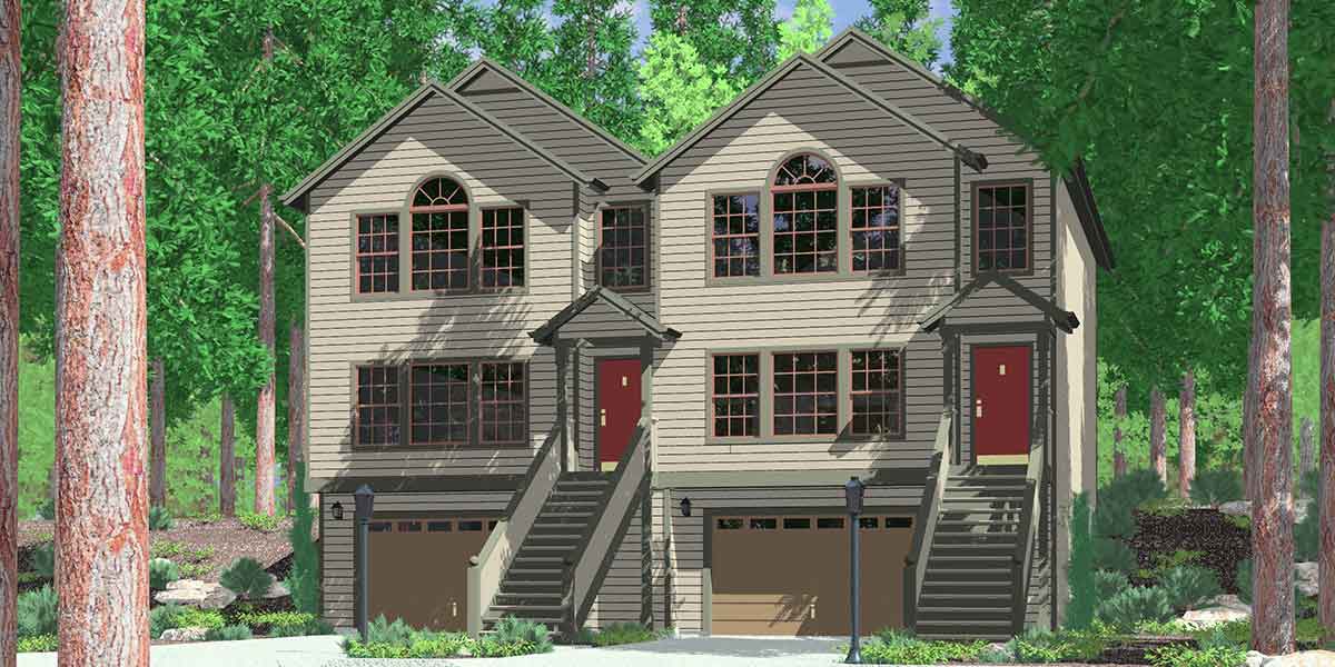 D-525 Row house plans with garage, duplex house plans, D-525